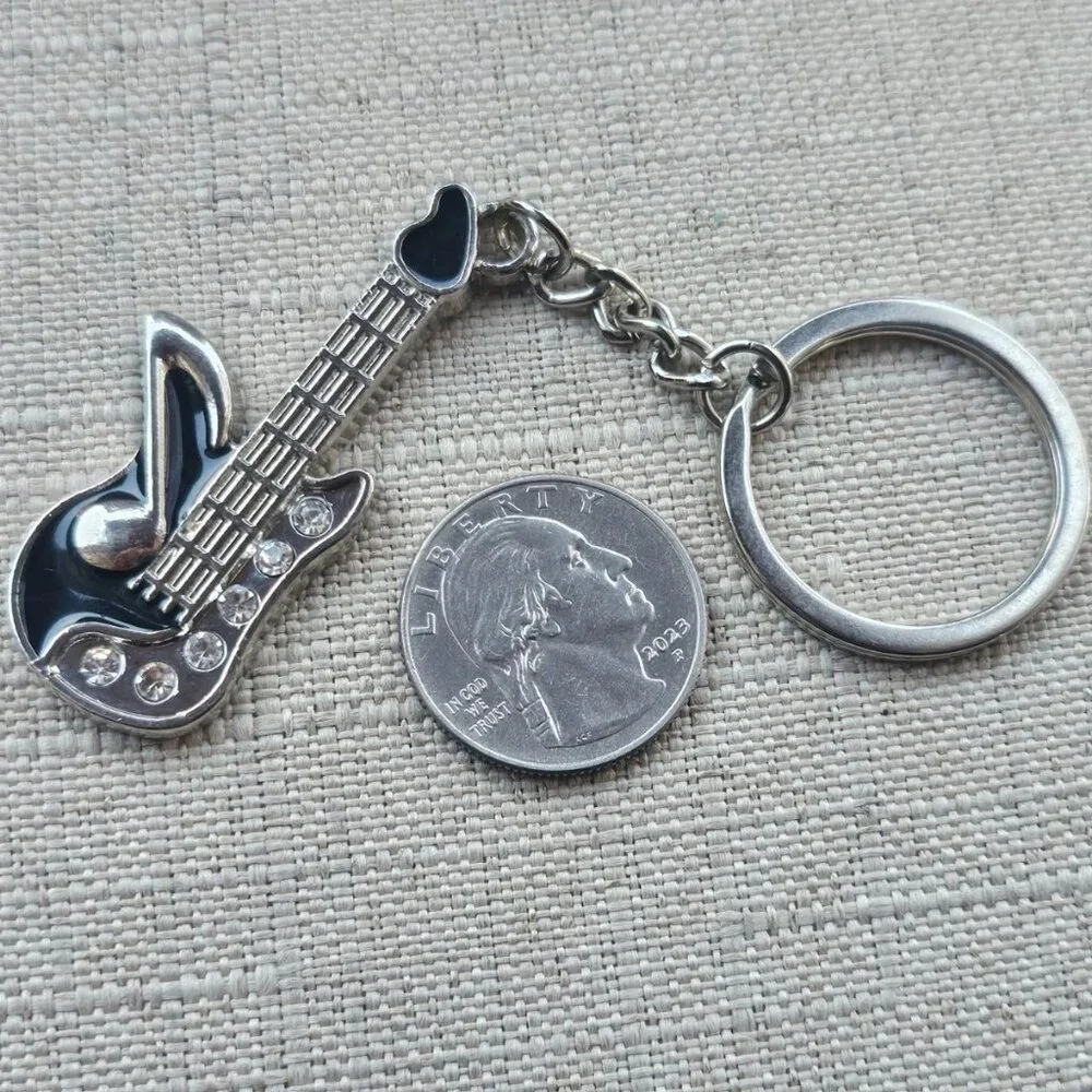 Guitar Keychain Silver/Black Tone Metal Keys Holder Crystal Accent Key Chain